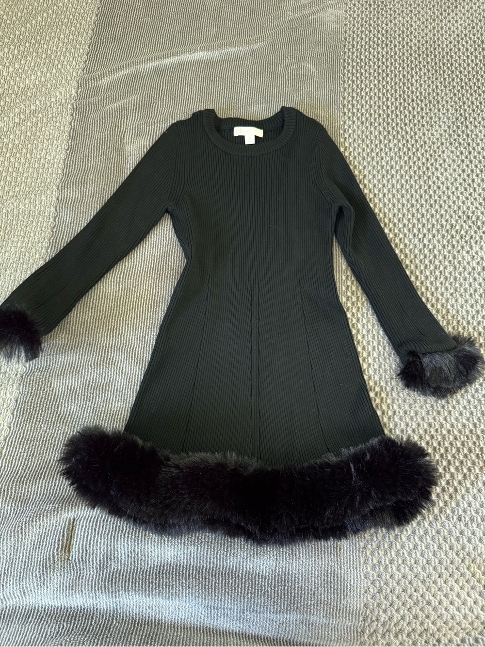 Girls' Black Faux Fur-Trim Knit Formal Dress